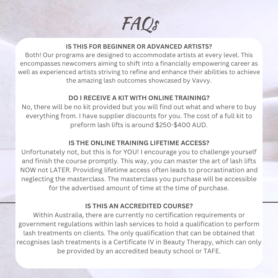 FAQ’s for lash lift training by Vavvy artistry